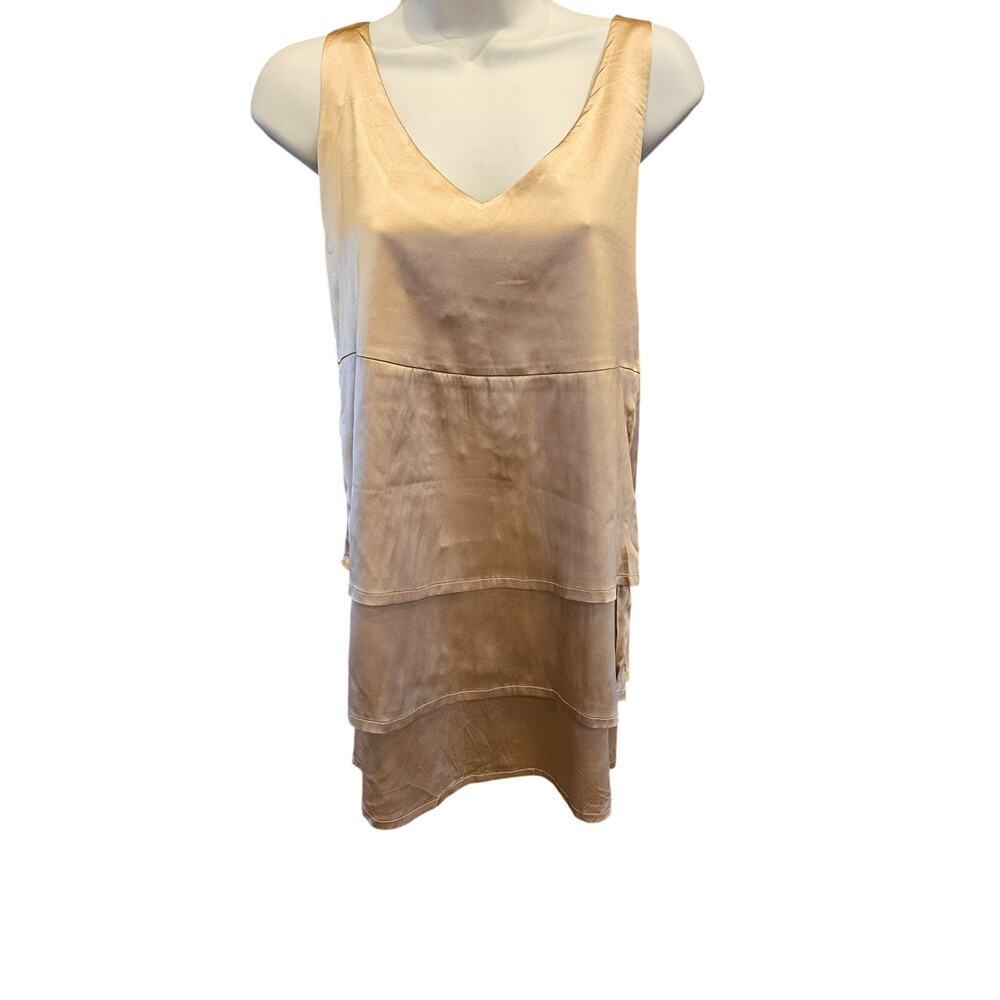 NWT JASMINE DI MILO SILK Gold Shiny Tiered Mini Dress 6 neutral cocktail 990$